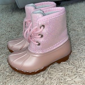 Owsor Girls Pink Glitter Lace Up Rubber Pull On Fleece Snow Boots Size 7